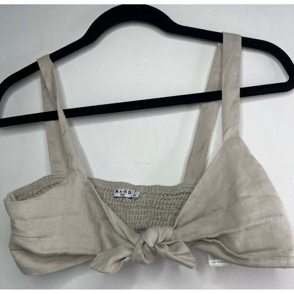 NA-KD Women’s Size 36 Khaki Linen Tie Front Top Ruched Back Trendy Chic